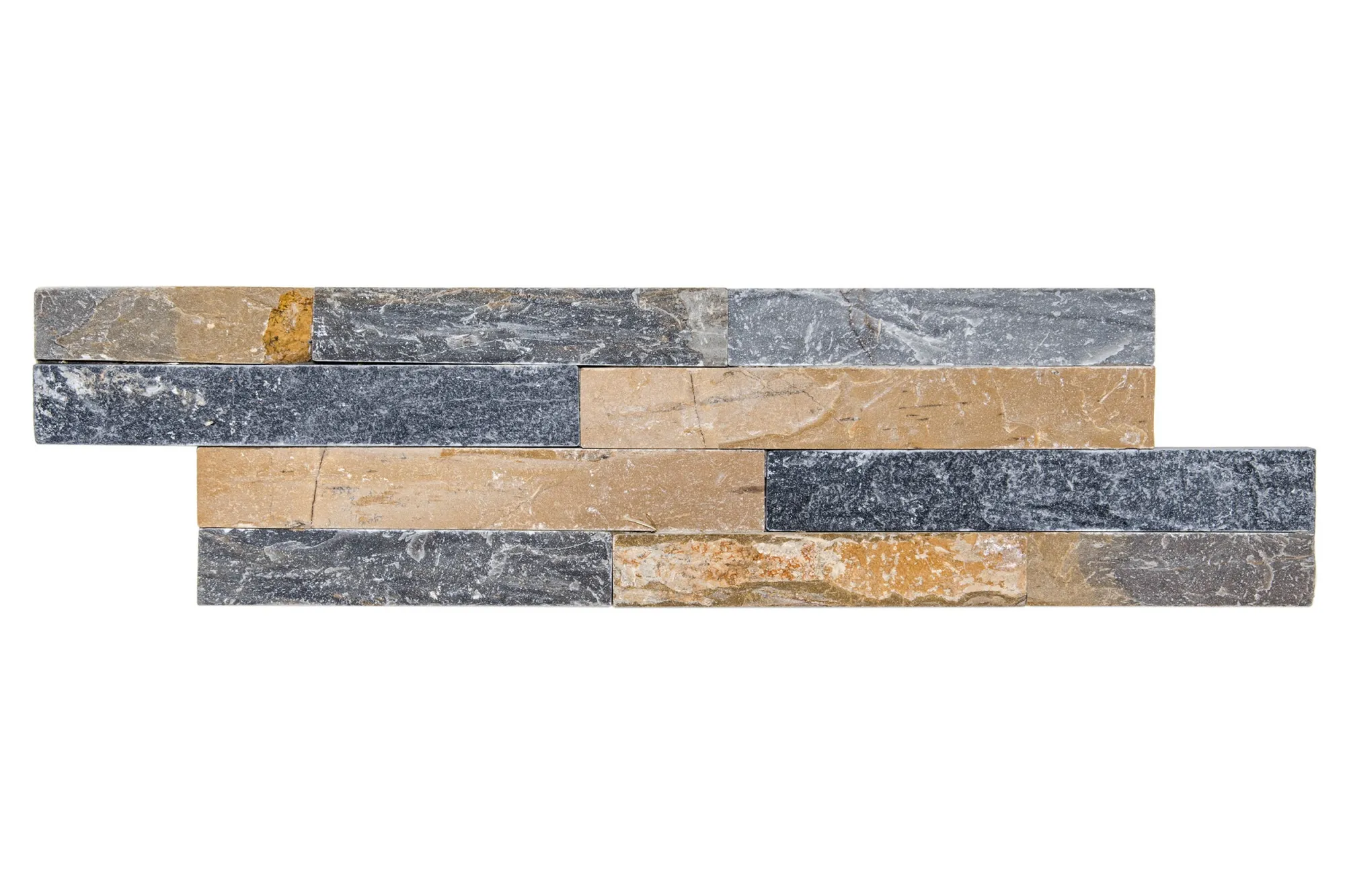 Kamień naturalny elewacyjny SLATE GREY MIX YELLOW 10X35 szaro-żółty łupek - ułożone na ściane widok na wprost
