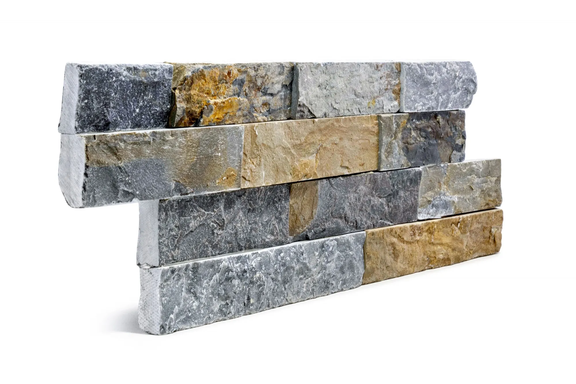Kamień naturalny elewacyjny SLATE GREY MIX YELLOW 10X35 szaro-żółty łupek - płyta ułożona na ścianie